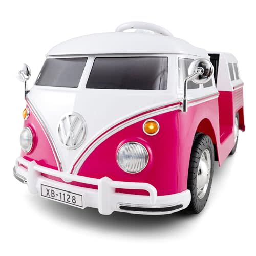 Costzon Ride On Car, 12V Licensed Volkswagen Kids Car Bus with Cup Holder, LED Headlights, Music & Horn, Electric Vehicle with Pedal Control, Soft Start & 2-Level Speed for Boys & Girls Aged 3+ (Pink)