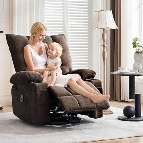 Swivel Recliner Chair with Massage & Heat for Elderly Adults,Oversized Ergonomic Lounge Single Sofa,360° Rotating Rocking Chair with Thick Padding, Side Pocket, Cup Holders for Living Room, Bedroom