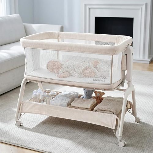 GROWNSY 5-in-1 Baby Bassinet Bedside Sleeper with Gentle Rocking Mode, 6 Adjustable Heights, Full Breathable Mesh, Convertible to Portable Crib, Bassinets with Mattress & Wheels, Beige