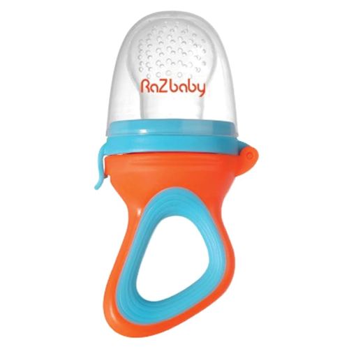 RaZbaby Baby Solids/Frozen Fruit Feeder Pacifier, Infant Teether Toy 6M+, BPA-Free Silicone Pouch & Nipple, Safely Introduce Solids, Natural Teething Relief, Dishwasher Safe, Freezable – Orange/Blue
