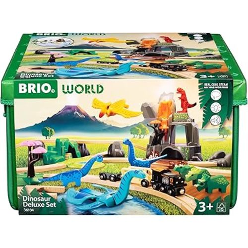 BRIO World Dinosaur Deluxe Set - 44-Piece FSC-Certified - Wood Train Set & Accessories - Works with All Wooden Train Sets - Dinosaur Train Engine, 2 Wagons, 8 Dinosaurs, Tracks & More - Kids Ages 3+