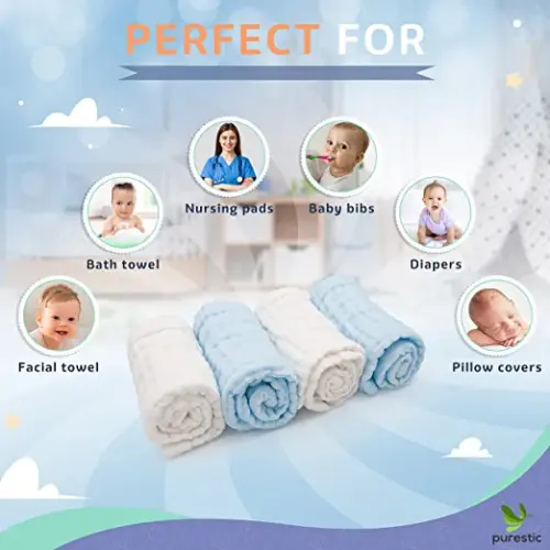 Muslin Burp Cloths for Baby - 9 Layers Extra Soft & Absorbent - 100% Organic Cotton - 20”x12” Large Size, for Baby Boy and Baby Girl, Baby Shower Baby Registry, by Purestic (4-Pack, White and Blue)