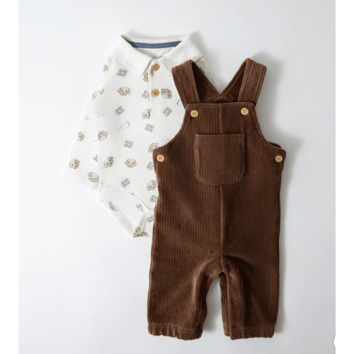 Picolette by Olivia Culpo Baby Boys' Oliver Dog 2pc Long Sleeve Bodysuit and corduroy Overalls Set - Brown/White 3-6M