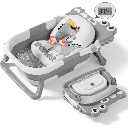 Collapsible Baby Bathtub for Newborn, Foldable Baby Bath Tub with Thermometer & Soft Floating Cushion & Drain Hole, Portable Travel Infant Bath Tubs for Newborns to Toddlers 0-36 Months Boys, Grey