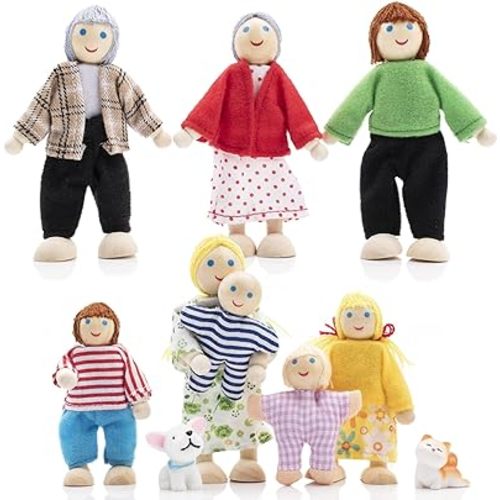 Wooden Doll House People of 8 Miniature Figures and 2 Pets, Dollhouse Dolls Family Set- Dollhouse Accessories for Girls Toddler Kids Pretend Play and Imaginative Fun