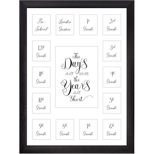 School Year Picture Frame Pre K-12 Collage Photo 15 Opening White Mat Black Solid Wood Frames for Wall Hanging and Table Top Display Kindergarten to 12th Grade High School Graduation.