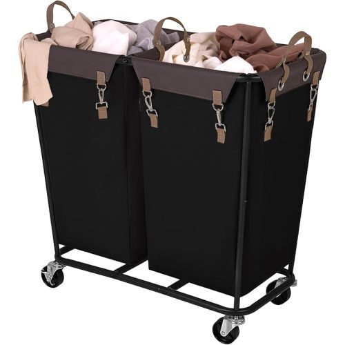 StorageWorks 280L Large Laundry Hamper with Wheels, Laundry Basket with Wheels 2 Sections, Clothes Sorter Cart with Divider for Hotel, Home, Black, 1-Pack
