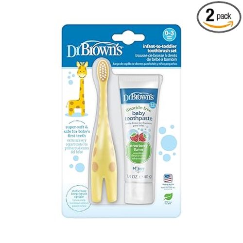 Dr. Brown's Infant-to-Toddler Training Toothbrush Set with Fluoride-Free Baby Toothpaste, Strawberry - Giraffe - 1.4oz - 0-3 Years