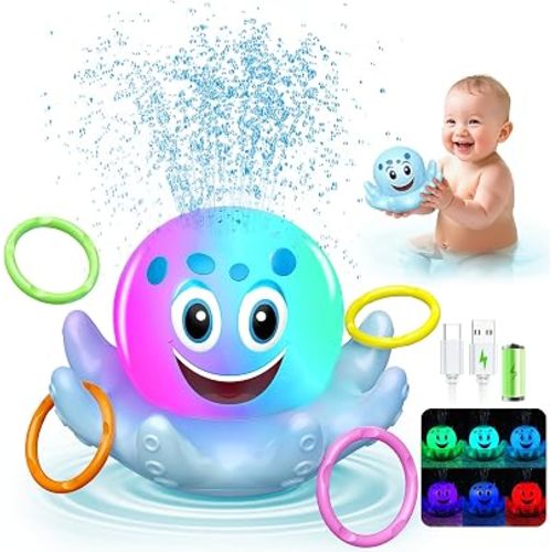Bath Toys -Light Up Octopus Sprinkler & Ring Toss for Toddlers