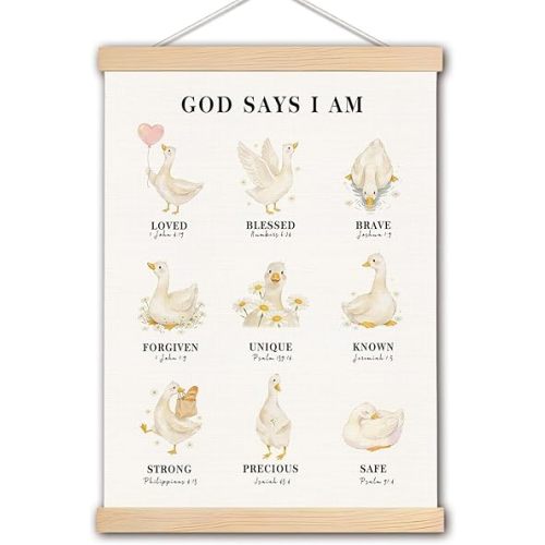 DNEULYR Christian Goose Nursery Wall Art Poster, Inspirational Bible Verse Wall Decor, God Says I Am Religious Poster Hanger Frame for Girls Room Nursery Bedroom Playroom, 12x16 Inches