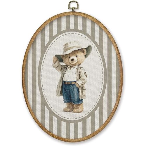 CGBHW Bear Nursery Oval Wall Art Decor Products, Kids Canvas Prints Framed, Neutral Striped Bear Wild Animal Wall Art Hanging Decor for Home Kids Baby Toddler Boy Room Bedroom Playroom, 8.6x11.4 Inch