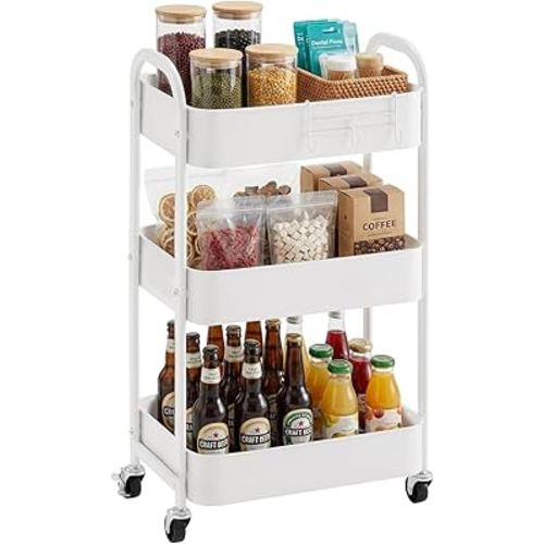 MAX Houser 3-Tier Rolling Utility Cart with Caster Wheels,Easy Assembly, for Kitchen, Bathroom (White)
