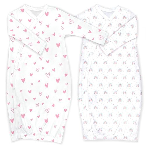 Cambria Baby 100% Organic Kimono Gowns. Side Snaps with Built in Mitts. (Hearts and Rainbows, 0-6 Months)