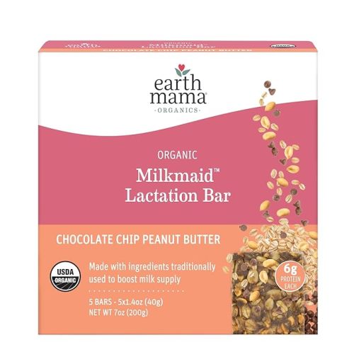 Earth Mama Organic Milkmaid Lactation Bars - Chocolate Chip Peanut Butter - 5 Count - Certified Organic by Oregon Tilth Breastfeeding Snacks - Lactation Support
