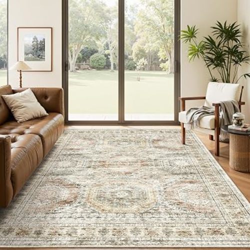 Soalmost 5x7 Area Rugs Brown/Pink Low Pile Washable Trendy Faded Style Rug