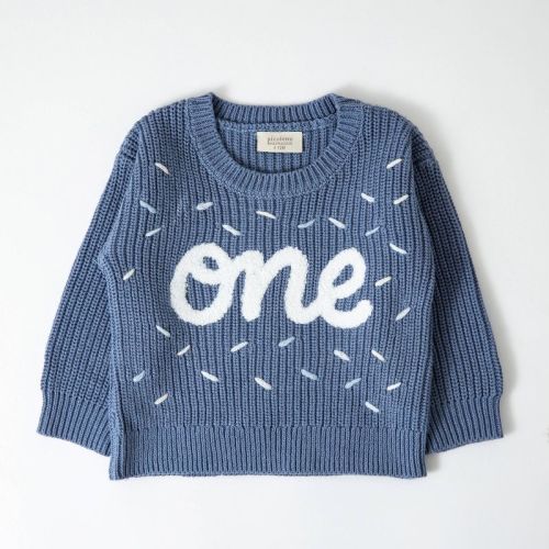 Picolette by Olivia Culpo Baby Boys' first Birthday Long Sleeve Crewneck Pullover Sweater - Blue 12-18M