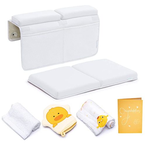 Bath Kneeler and Elbow Rest Pad, Extra Thick Baby Bath Kneeling Pad and Elbow Pad for Bathtub. Bath Tub Elbow Pad with Infant Toy and Baby Accessories Organizer, Off White Color - Large