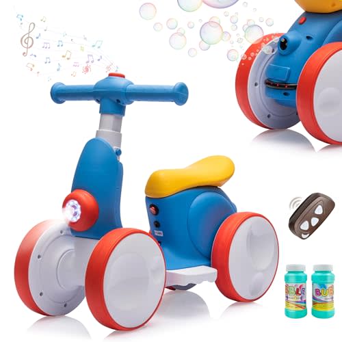 JoyRydz 6V Electric Baby Balance Bike with Bubble Machine,4 in 1 Toddler Balance Bike w/Remote for 1 Year Old Boys Girls Kids Bubble Bike Ride on Toys w/Powered Motor,Music,LED Lights (Blue&Red)
