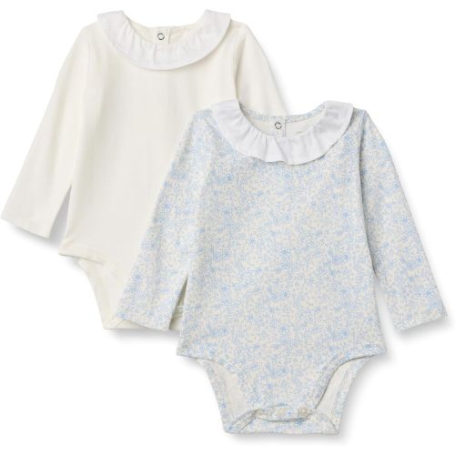 Amazon Essentials x Sofia Grainge Baby Girls' Long Sleeve Breathable Cotton Ruffle Collar Bodysuit with Snap Closure, Pack of 2, Blooms/Ivory, 3-6 Months