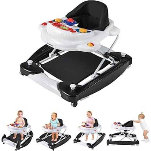 HONEY JOY Baby Walker, 6-in-1 Foldable Baby Walker and Bouncer Combo, Infant Activity Walker with Wheels, Adjustable Heights, Rocker, Music, Lights, Walker for Baby Boy Girl 7-14 Months (Black)
