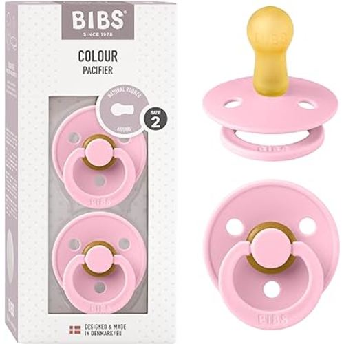 BIBS Pacifiers Colour Collection | Natural Rubber Baby Pacifier | Set of 2 BPA-Free Soothers | Made in Denmark | 6+ Months (Pack of 2) | Baby Pink