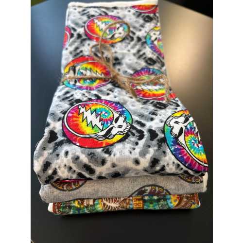 Burp cloths, Greatful Dead, tie dye, skeletons, music, baby shower