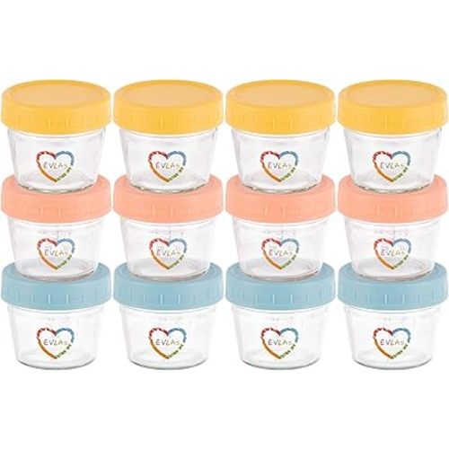 Baby Food Containers 12-Pack - 4 oz Glass Jars with Lids - BPA-Free, Microwave, Freezer, and Dishwasher Safe Glass Baby Food Jars or Toddler Snack Containers for Kids Purees or Breastmilk by EVLA’s