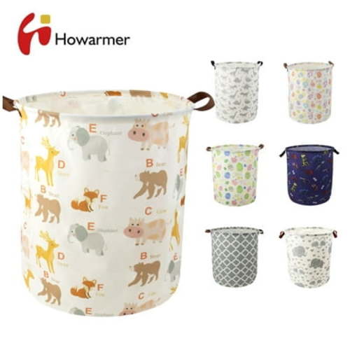 Howarmer Collapsible Laundry Baskets, Nursery Laundry Basket, Canvas Fabric Blanket Basket with Leather Handle, Baby Laundry Basket, Baby Dirty Clothes Basket, (19.7", Colorful Animal)