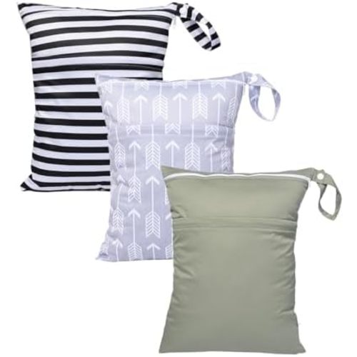 Wet Dry Bag for Swimsuit Two Zipper Pockets Travel Beach Pool Reusable Waterproof Yoga Gym Bag for Baby Cloth Diaper Swimsuits Wet Clothes 3 Pack Grey,Black Stripe