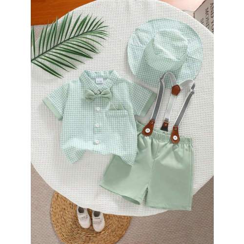SHEIN Playful Pals 4pcs Baby Boy Plaid Outfit - Green Short Sleeve Shirt With Bib Overalls Shorts For Formal Or Casual Occasions Such As Birthday, Wedding, Graduation | SHEIN USA