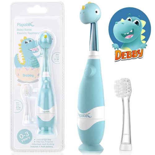 Papablic Toddler Sonic Electric Toothbrush Kids for Ages 1-3 Years, Baby Electric Toothbrush with Cute Dino Cover and Smart LED Timer, 2 Brush Heads (Debby)