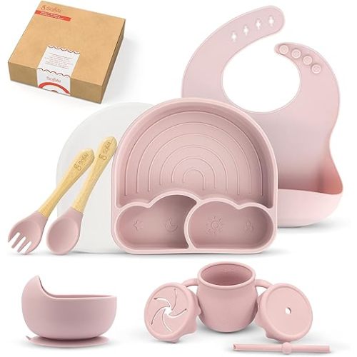 Baby Led Weaning Supplies, Silicone Baby Feeding Set, First Stage Baby Eating Set, Suction Bowl Divided Plate Bib Spoon Fork Straw Sippy Cup, Toddler Self Feeding Utensils, Dish Set 6-12 Months