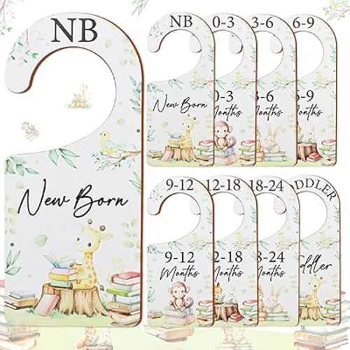 Baby Closet Dividers 8PCS, Storybook/Forest Animal Themed Wooden Double-Sided Clothes Size Hanger Organizer from Newborn to Toddler for Nursery Decor Baby Shower Birthday Gift Green