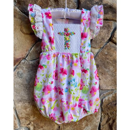 SALE! Girls Easter Smocked Cross Short Bubble- Amazing Grace 2024 floral rose with smocked crosses Church Christ Outfit bunny
