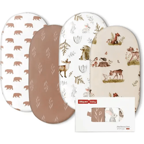 Gllquen Baby Bassinet Sheets 4 Pack, Breathable Cozy Fitted Mattress Sheet, Elastic Travel Crib Fashionable Floral Pattern, Standard Cradle Safe Sheets for Baby Boys Girls 32"x16" (Bear)