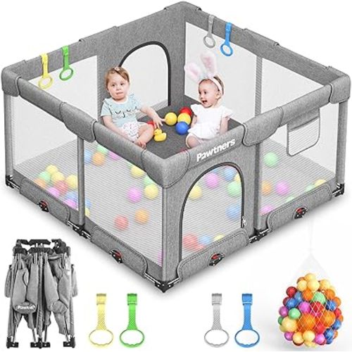 Foldable Playpen for Babies and Toddlers: 50" L x 50" W x 27" H, Large Kids Play Yard With Mat, Portable Indoor Play Area, Baby Gate With 50PCS Ocean Ball, 4 Handles