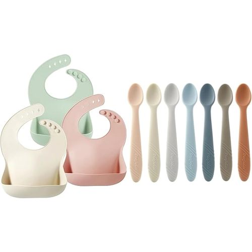 PandaEar 3 Pack Silicone Bibs & 7 Pack Silicone Baby Feeding Spoons