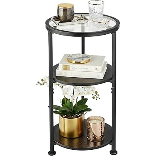 Glass Side Table, Tempered Glass Small Round Side Table with 3-Tier Storage Shelves for Small Spaces, Modern Glass Round End Table for Living Room, Bedside Table Nightstand for Bedroom (Black)