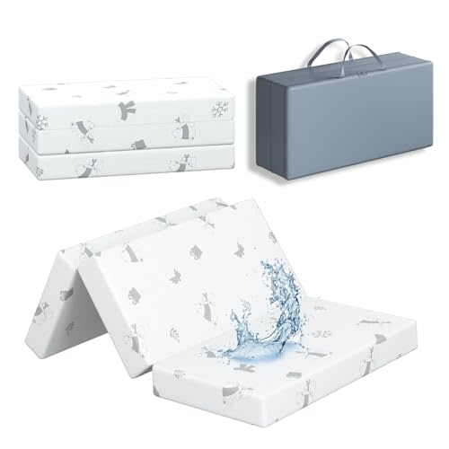 pareler bear 3"x26"x38" Trifold Mattress Topper, Waterproof Breathable Soft Removable Cover, Portable Mattress Pad with Carry Bag for Indoor & Outdoor Use, High Density Medium Firm Foam