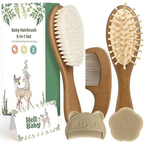 5 Piece Baby Hair Brush Set, Wooden Baby Brush and Comb Set with Natural Soft Goat Hair Bristles, Cradle Cap Brush, Baby Essentials Grooming Kit for Boy Girl