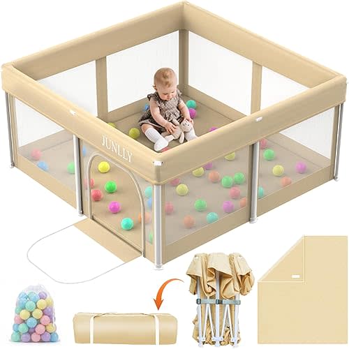 Foldable Playpen for Babies and Toddlers - 50x50 Inches Playpen with Mat - Kids Collapsible Playard with Storage Bag for Indoor & Outdoor - Baby Fence with 30 Ball & Gate - Khaki