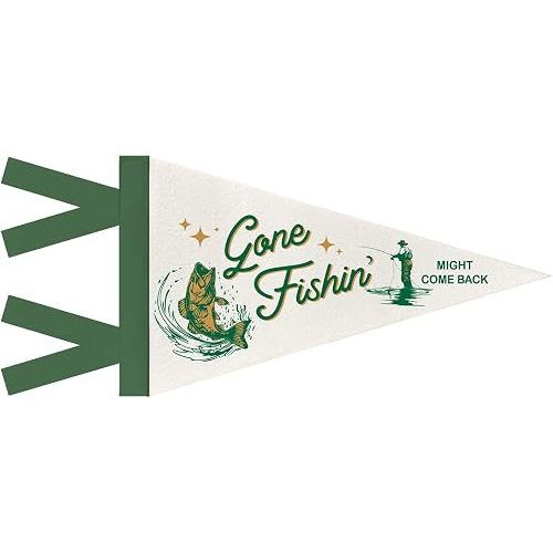 Vintage Gone Fishing Pennant Banner Flag Playroom Decor, Fishing Wall Decor for Kids Playroom Nursery Toddler Room Bedroom, Retro Green Fish Banner Felt Pennant Flag, 8x17 Inch