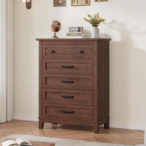 5 Dresser for Bedroom, 41.3 in Tall Vertical Drawer Dresser with Large Storage, Freestanding Wooden Closet Chest for Bedroom, Living Room, Walnut