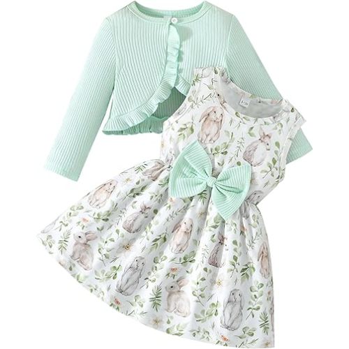 Rosibel Conjunto de vestido y cárdigan de algodón para bebés y niñas pequeñas de 6M-3T, ropa de primavera y otoño