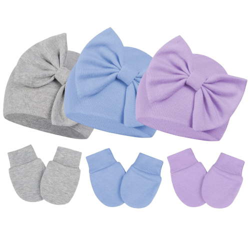 Zando 3Pcs Knit Toddler Hat and Glove Set Bow Baby Hats and Mittens with Elastic Wrist No Scratch Newborn Hats Soft Cotton Mittens 0-3 Months