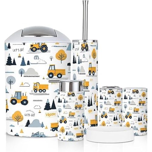 Bathroom Accessory Set 6 Piece Hand Drawn Cute Cars Truck Tractor Cargo Crane Bulldozer Excavator Toothbrush Holder, Toothbrush Cup, Soap Dispenser, Soap Dish, Toilet Brush Holder, Trash can