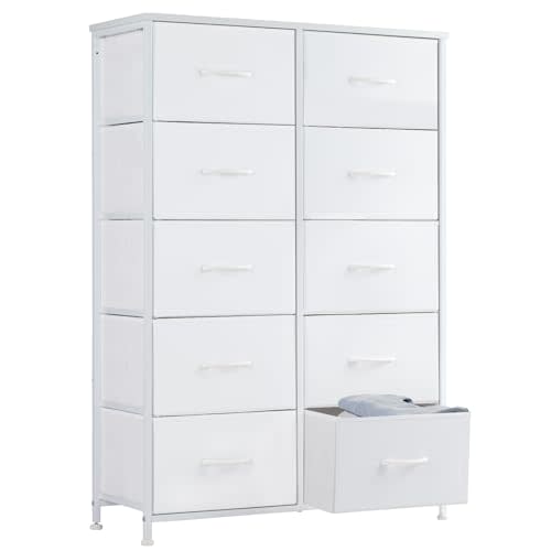 Sweetcrispy 10 Drawer Fabric Dresser Tall Chest Storage Organizer Tower with Cabinet Metal Frame and Wood Top Lightweight Closet Furniture for Bedroom,Cream White
