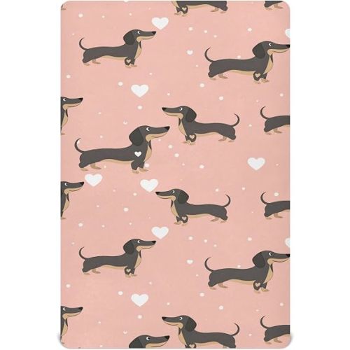 Pfrewn Crib Sheets for Boys Girls Dachshund Fitted Crib Sheet Fits Standard Crib Mattress Pads Dogs Hearts Stretch Soft Toddler Baby Sheet, 52x28x9IN