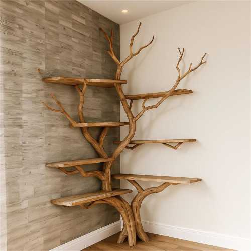 Rustic Corner Tree Shelf – Handcrafted Solid Wood Bookshelf & Wall Storage, Nature-Inspired Living Room Furniture