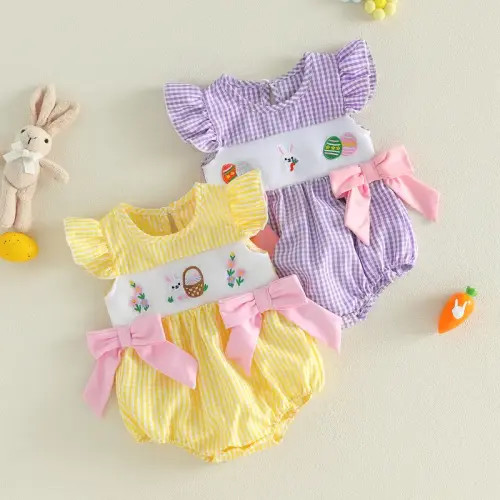 Infant Baby Girl Easter Romper Flying Sleeve Cute Bunny Embroidery - TikTok Shop